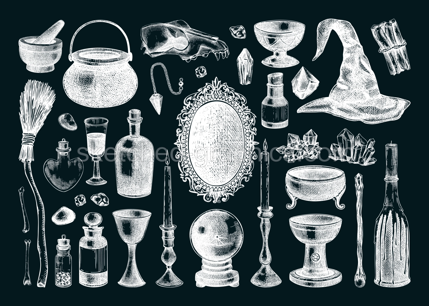 Witchcraft boutique sketches set. Halloween hand-drawn vector illustration. Antique apothecary design elements. Magic icons on chalkboard.  NOT AI generated Illustration